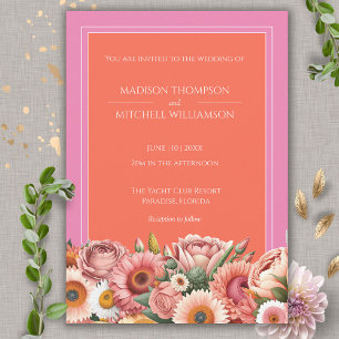 Garden Sunrise Pink Orange Modern Floral Wedding  Invitation