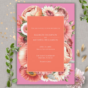 Garden Sunrise Pink Orange Modern Floral Wedding  Invitation