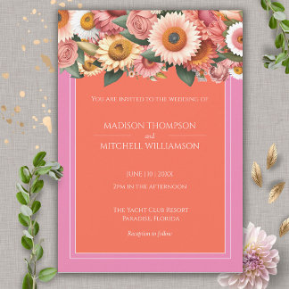 Garden Sunrise Pink Orange Modern Floral Wedding  Invitation