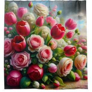 “Garden Symphony: Raindrops on Roses and Tulips"