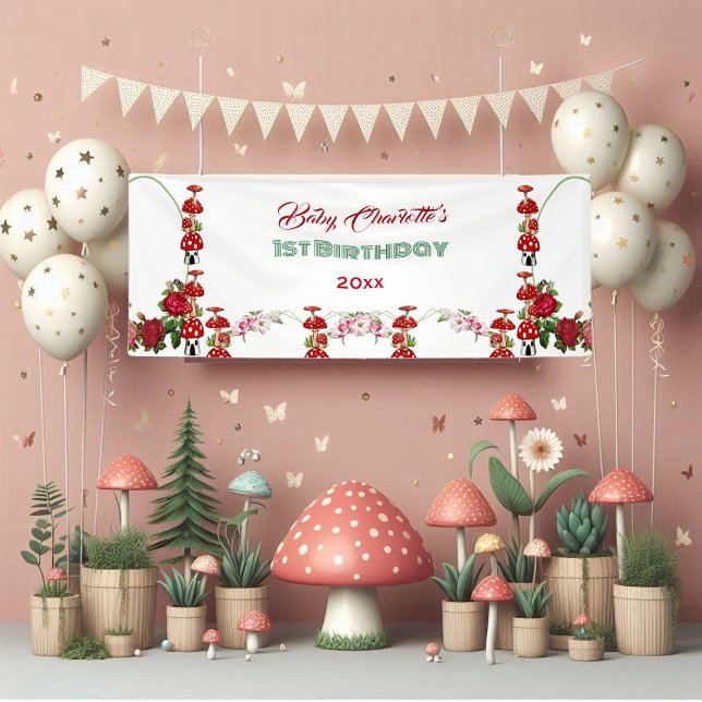 Garden Toadstool Rustic Roses Baby's 1st Birthday  Banner (Garden Toadstool Rustic Roses Baby's 1st Birthday Banner)