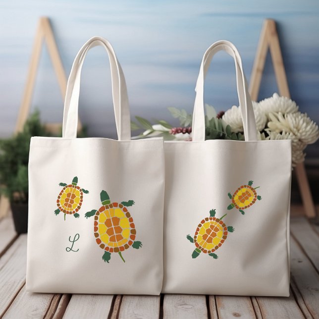 Garden Turtles Hand Drawn Personal Initial Tote Bag (Creator Uploaded)