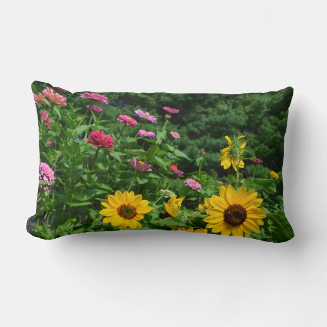 Garden view, daisies, cosmos, Sunflowers Lumbar Pillow (Front)