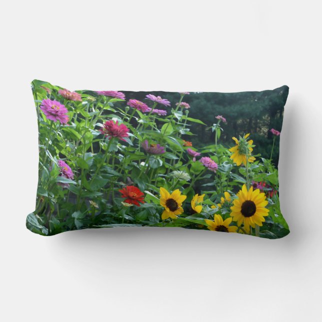 Garden View, daisies, cosmos, sunflowers, mums Lumbar Pillow (Front)