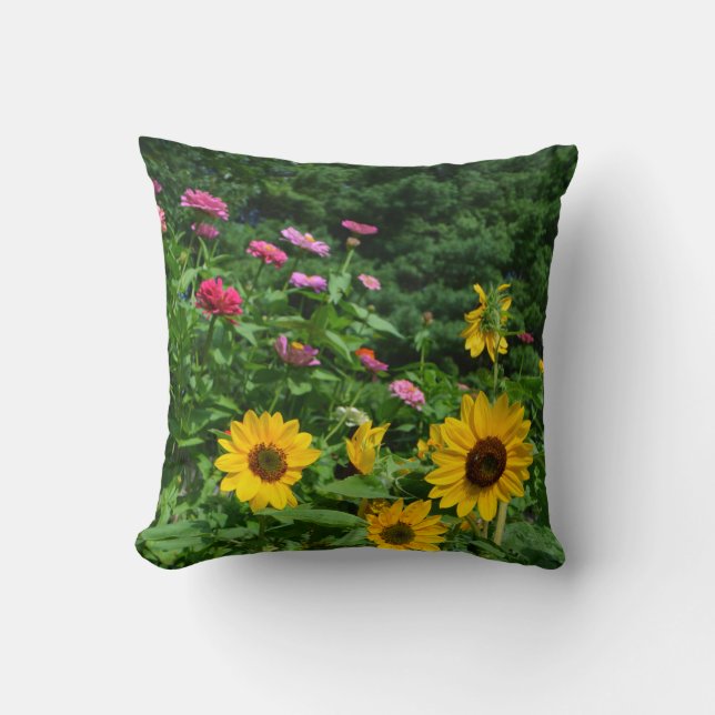 Garden view florals flowers daisies cosmos zinnia throw pillow (Front)