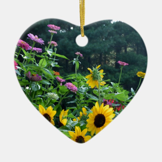Garden View- sunflower, daisies, cosmos Ceramic Ornament (Front)