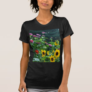 Garden View- sunflower, daisies, cosmos, pine tree T-Shirt