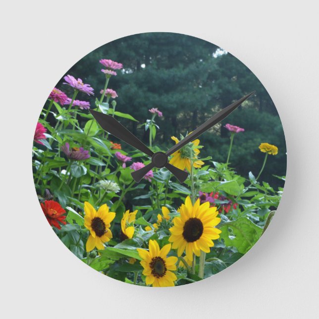 Garden View- sunflower, daisies, cosmos Round Clock (Front)