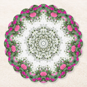 Garden Water Fountain Pink Flowers Mandala Design Paper Coaster