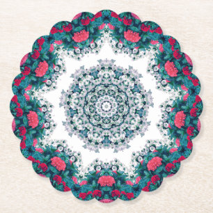 Garden Water Fountain Red Flowers Mandala Design Paper Coaster