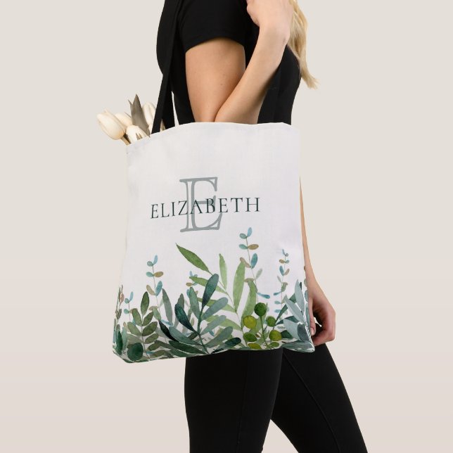 Garden -Watercolor Botanical Leaves Personalized   Tote Bag (Close Up)
