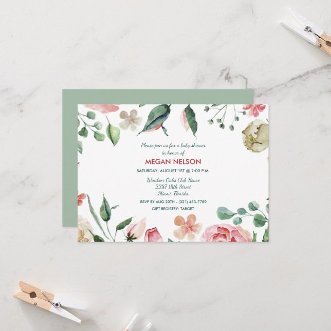 Garden Watercolor Floral Baby Shower Invitation (Front/Back In Situ)