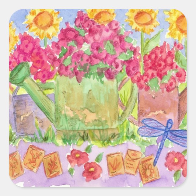 Garden Watering Can Flower Summer Bouquet Square Sticker (Front)