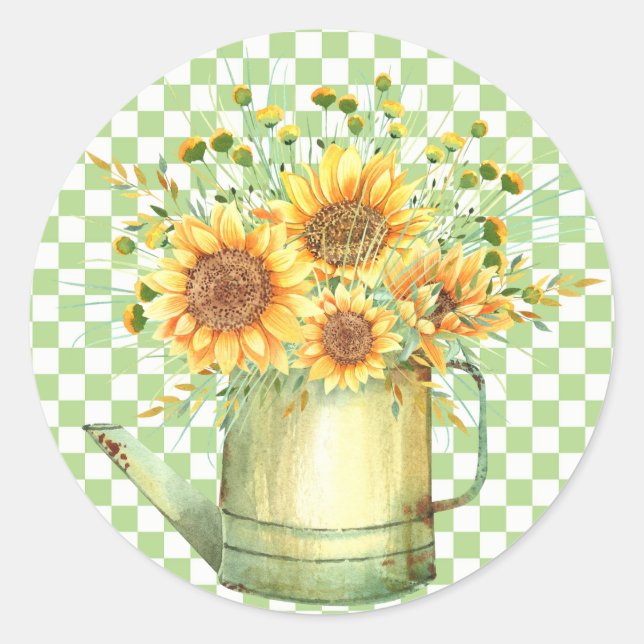 Garden Watering Can Sunflowers  Classic Round Sticker (Front)