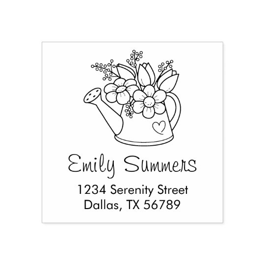 Garden Watering Can with Flowers Address Rubber Stamp