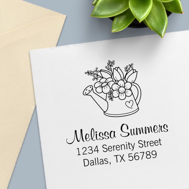 Garden Watering Can with Flowers Address Self-inking Stamp (Creator Uploaded)