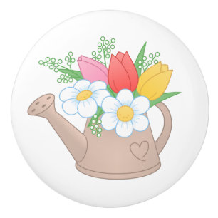 Garden Watering Can with Flowers Ceramic Knob