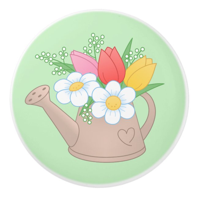 Garden Watering Can with Flowers on Green Ceramic Knob (Front)