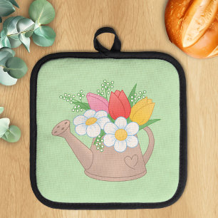 Garden Watering Can with Flowers on Green Pot Holder