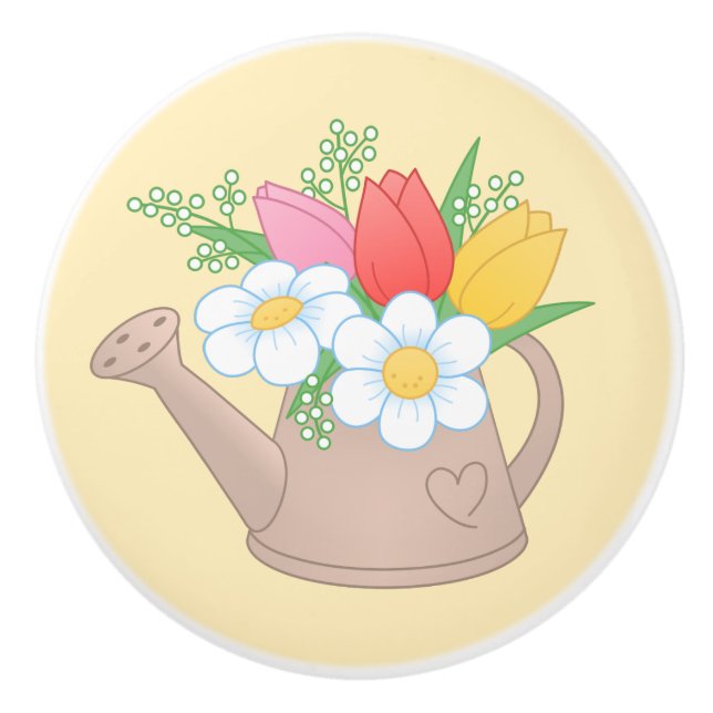 Garden Watering Can with Flowers on Yellow Ceramic Knob (Front)