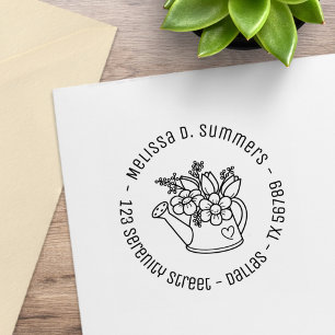 Garden Watering Can with Flowers Round Address Rubber Stamp