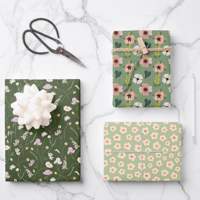 Garden Whimsy Green 3 Wrapping Paper Sheet (Front)