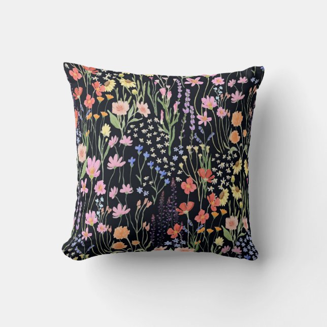 Garden Wildflowers Dark Background Throw Pillow (Front)