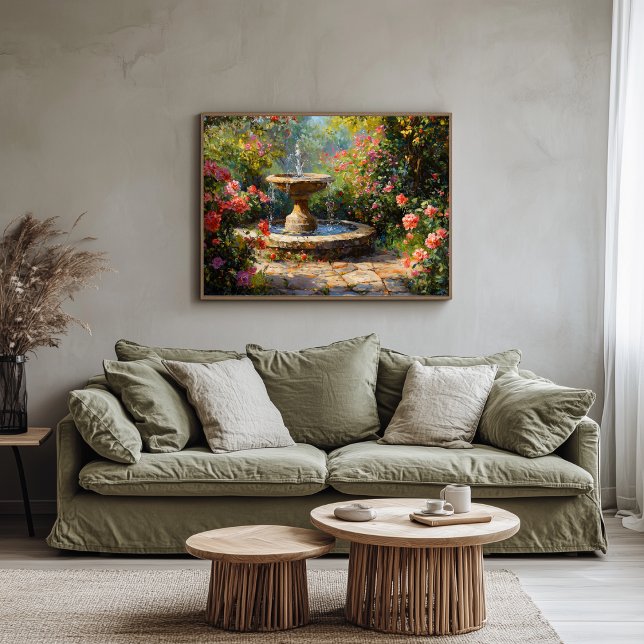 Garden with Blooming Roses and Water Fountain Canvas Print (Garden Fountain Artwork)