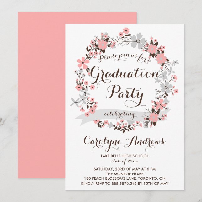 Garden Wreath | Pink and Grey Floral Graduation Invitation (Front/Back)