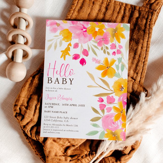 Garden yellow pink floral chic hello baby shower invitation (Creator Uploaded)