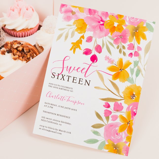 Garden yellow pink floral chic Sweet 16 Invitation (Creator Uploaded)