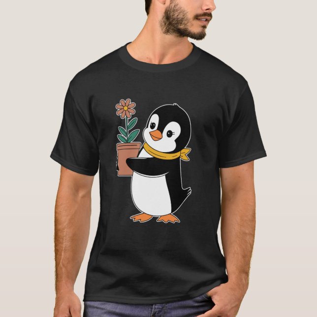 Gardending Gardener Penguin With Flower Pot T-Shirt (Front)