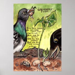 Gardener Kitchen Art Poem Poster Crow Pigeon Seeds
