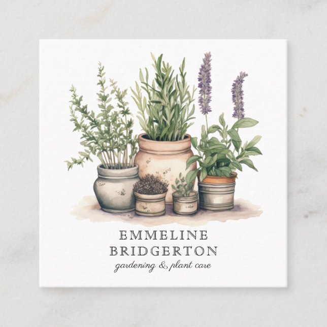 Gardener Landscaper Watercolor Plants  Square Business Card (Front)