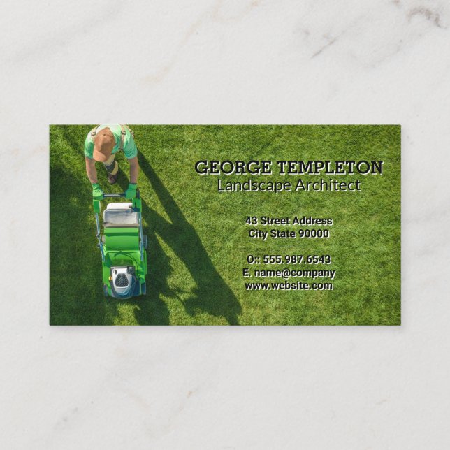 Gardener Mowing Lawn | Birds Eye View Business Card (Front)
