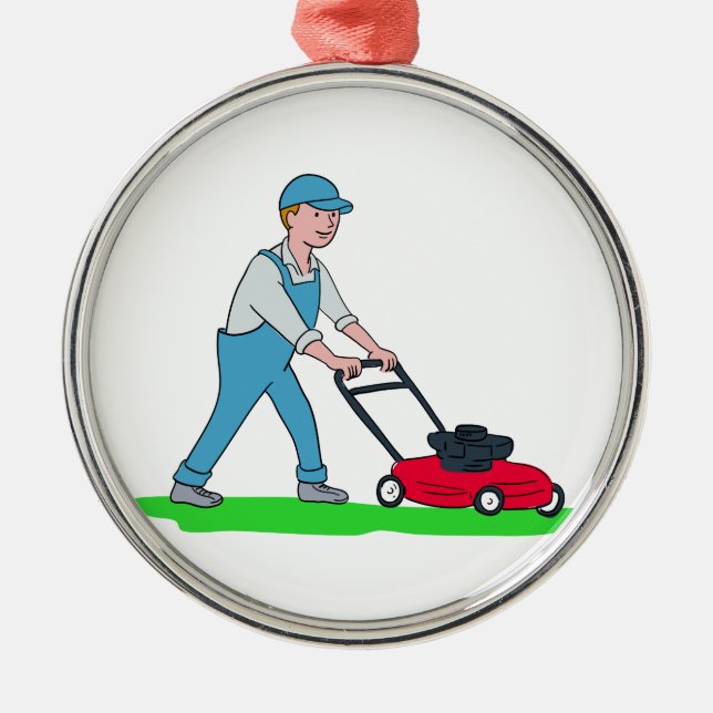 Gardener Mowing Lawn Cartoon Metal Ornament (Front)