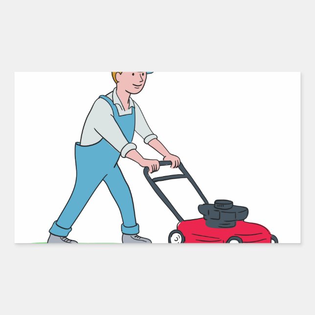 Gardener Mowing Lawn Cartoon Sticker (Front)
