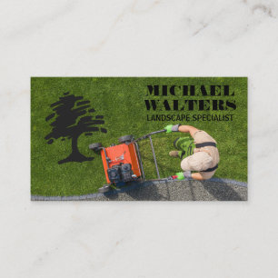 Gardener Mowing Lawn   Tree Logo Business Card