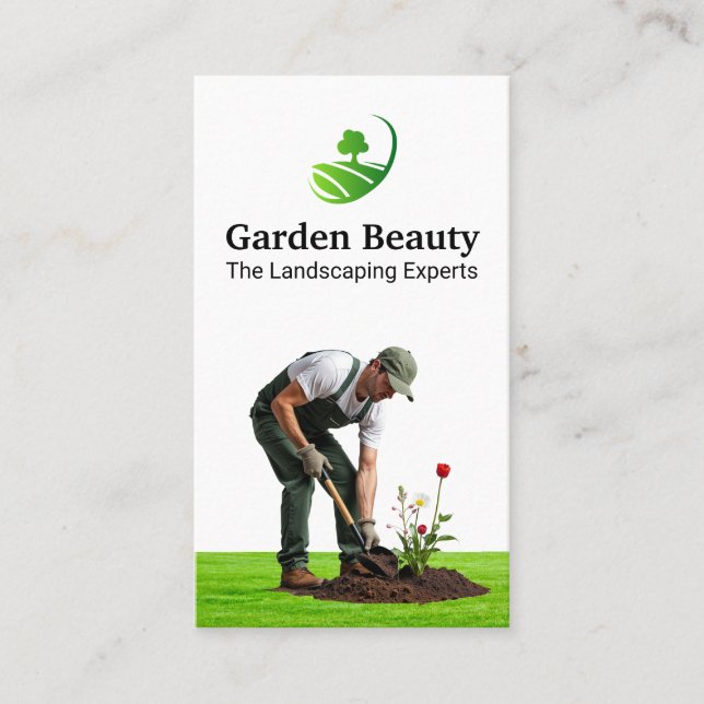 Gardener Planting Flowers | Landscape Logo Business Card (Front)