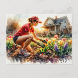 Gardener Tending Flower Beds, Postcard