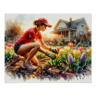 Gardener Tending Flower Beds, Poster