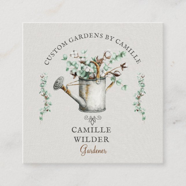 Gardener Watercolor Watering Can Square Business Card (Front)
