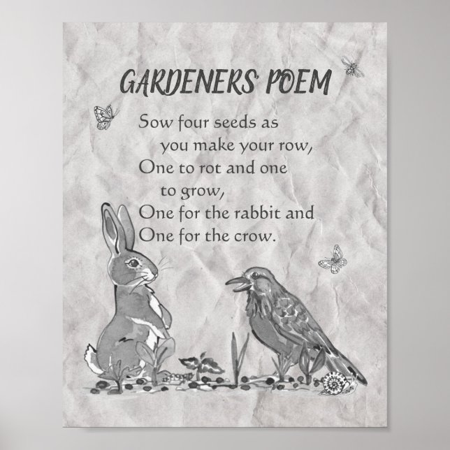 Gardeners' Poem Black & White Seeds, Rabbit, Crow Poster (Front)