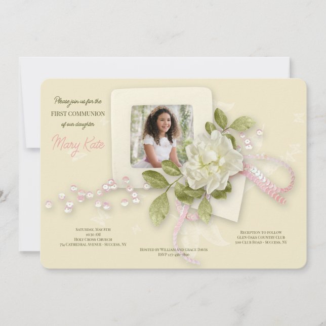 Gardenia and Butterflies Photo Communion  Invitation (Front)