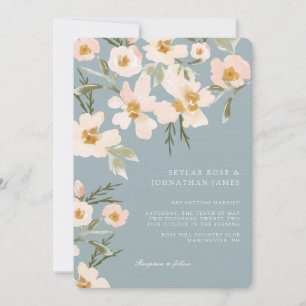Gardenia Blush Watercolor Abstract Floral Blue Invitation