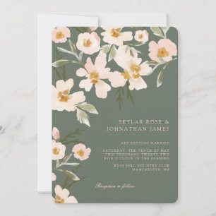 Gardenia Blush Watercolor Abstract Floral Green Invitation