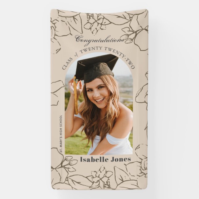 Gardenia Floral Arch Tan Photo Graduation Banner (Vertical)
