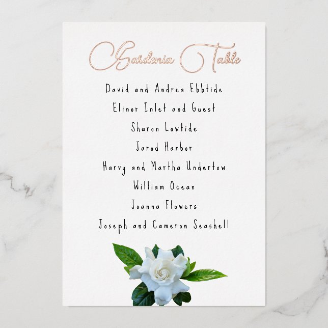 Gardenia Flowers Guest List Table Name Foil Cards (Front)