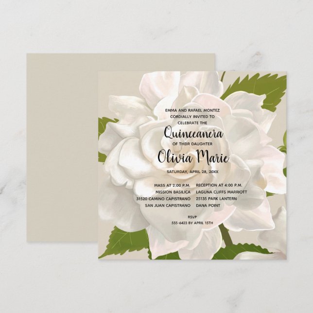 Gardenia Vintage Floral Quinceañera Invitations (Devant / Derrière)