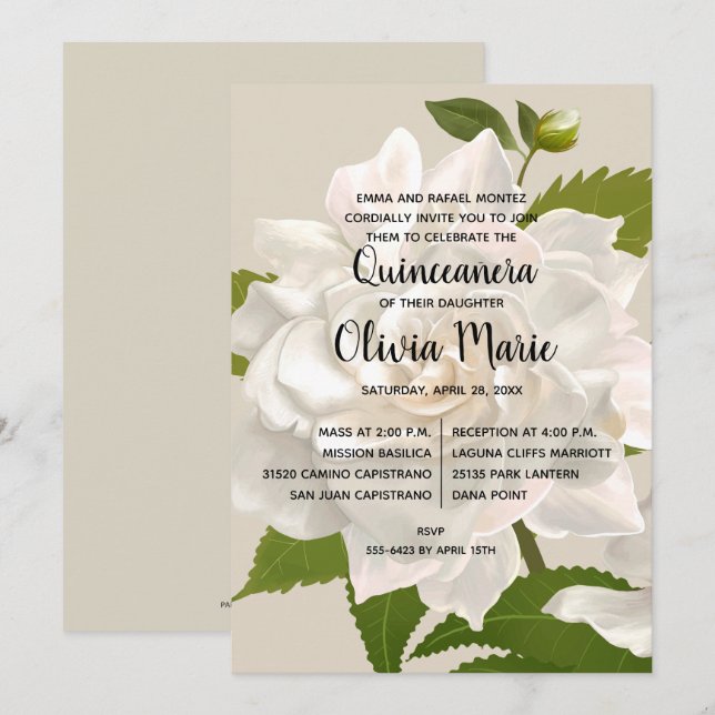 Gardenia Vintage Floral Quinceañera Invitations (Devant / Derrière)